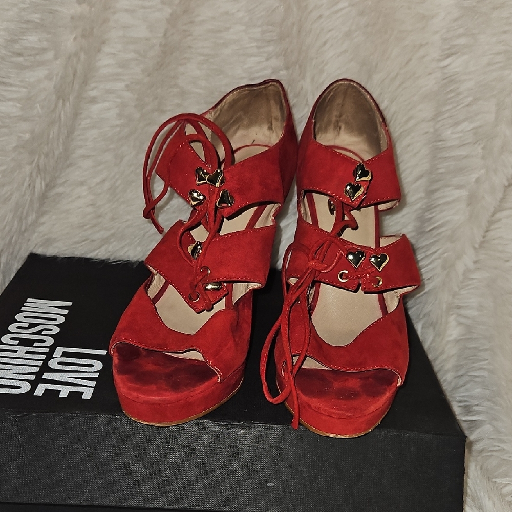 Love Moschino Red Suede Heels with Gold Heart Accents